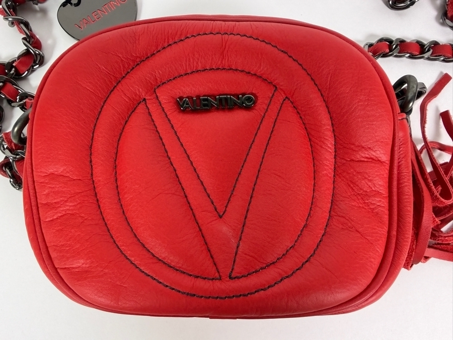 Valentino by Mario Valentino 'Mia' (or 'Nina') Red Calfskin Leather Crossbody Bag with Gunmetal Interwoven Chain Strap, Heart Logo Charm, and Fringe Tassel Accent 8'W X 6'H [Photo 2]
