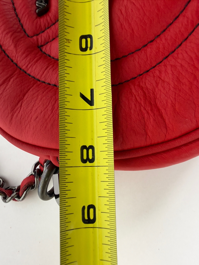 Valentino by Mario Valentino 'Mia' (or 'Nina') Red Calfskin Leather Crossbody Bag with Gunmetal Interwoven Chain Strap, Heart Logo Charm, and Fringe Tassel Accent 8'W X 6'H [Photo 7]