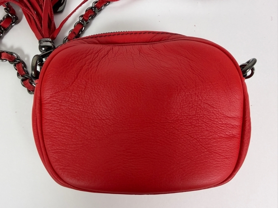 Valentino by Mario Valentino 'Mia' (or 'Nina') Red Calfskin Leather Crossbody Bag with Gunmetal Interwoven Chain Strap, Heart Logo Charm, and Fringe Tassel Accent 8'W X 6'H [Photo 4]