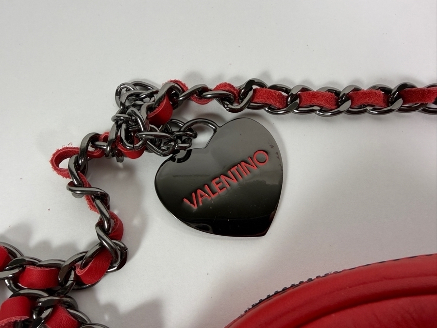 Valentino by Mario Valentino 'Mia' (or 'Nina') Red Calfskin Leather Crossbody Bag with Gunmetal Interwoven Chain Strap, Heart Logo Charm, and Fringe Tassel Accent 8'W X 6'H [Photo 3]