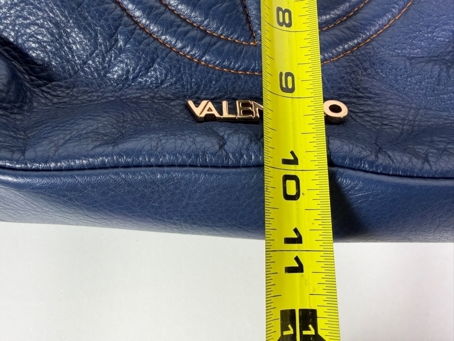 Valentino by Mario Valentino 'Luisa' Midnight Navy Blue Leather Tote Shoulder Bag with Gold Chain Straps and Fringe Tassel Charm 16'W X 11'H [Photo 6]
