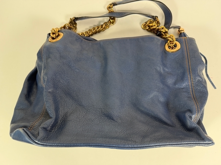 Valentino by Mario Valentino 'Luisa' Midnight Navy Blue Leather Tote Shoulder Bag with Gold Chain Straps and Fringe Tassel Charm 16'W X 11'H [Photo 2]