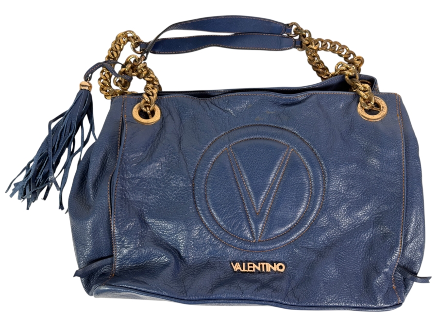 Valentino by Mario Valentino 'Luisa' Midnight Navy Blue Leather Tote Shoulder Bag with Gold Chain Straps and Fringe Tassel Charm 16'W X 11'H