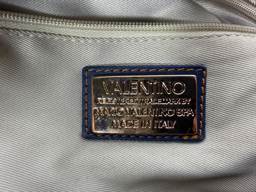 Valentino by Mario Valentino 'Luisa' Midnight Navy Blue Leather Tote Shoulder Bag with Gold Chain Straps and Fringe Tassel Charm 16'W X 11'H [Photo 3]