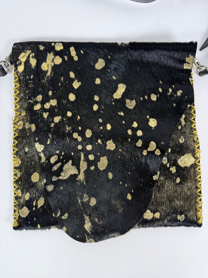 'Grace of Thunder' Artisanal Black and Gold Acid-Washed Metallic Hair-on-Hide Crossbody Messenger Bag 12'W X 12'H [Photo 2]