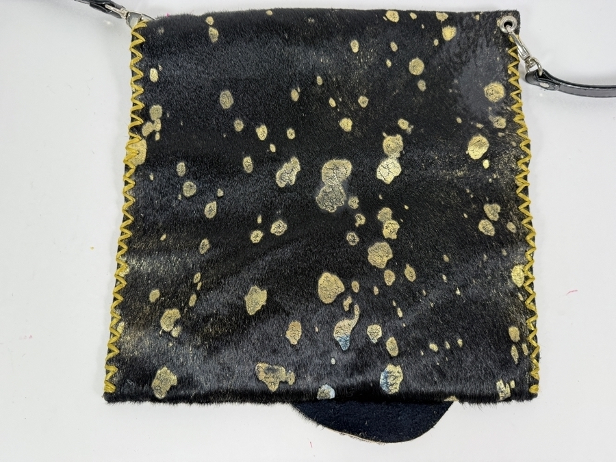 'Grace of Thunder' Artisanal Black and Gold Acid-Washed Metallic Hair-on-Hide Crossbody Messenger Bag 12'W X 12'H [Photo 4]