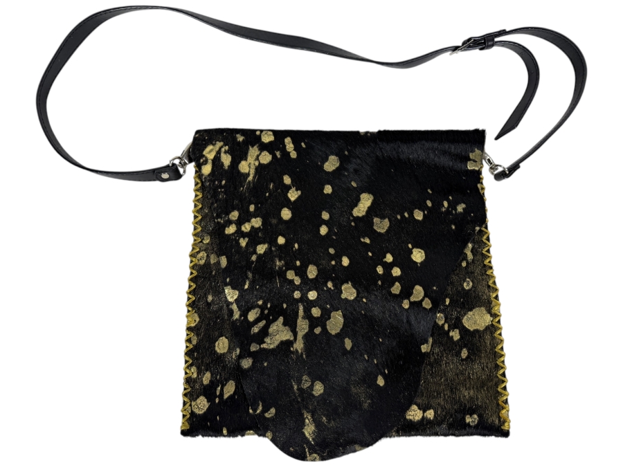'Grace of Thunder' Artisanal Black and Gold Acid-Washed Metallic Hair-on-Hide Crossbody Messenger Bag 12'W X 12'H