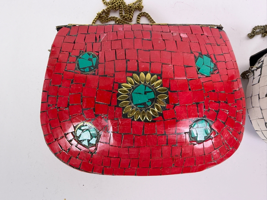 Handcrafted Indian Boho Metal Mosaic Hardcase Clutch Sling Handbags Featuring Inlaid Stones and Brass Filigree Floral Crests 8.25'W and 7.75'W [Photo 5]