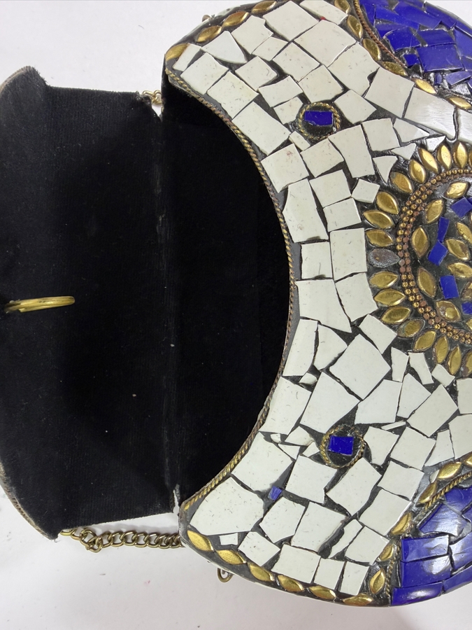 Handcrafted Indian Boho Metal Mosaic Hardcase Clutch Sling Handbags Featuring Inlaid Stones and Brass Filigree Floral Crests 8.25'W and 7.75'W [Photo 8]