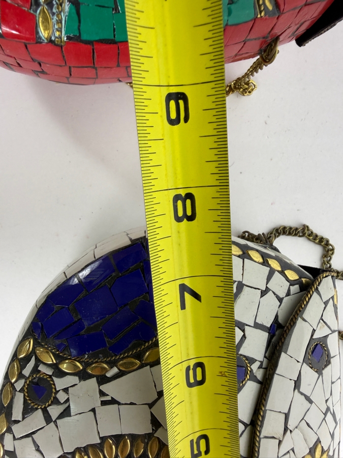 Handcrafted Indian Boho Metal Mosaic Hardcase Clutch Sling Handbags Featuring Inlaid Stones and Brass Filigree Floral Crests 8.25'W and 7.75'W [Photo 10]