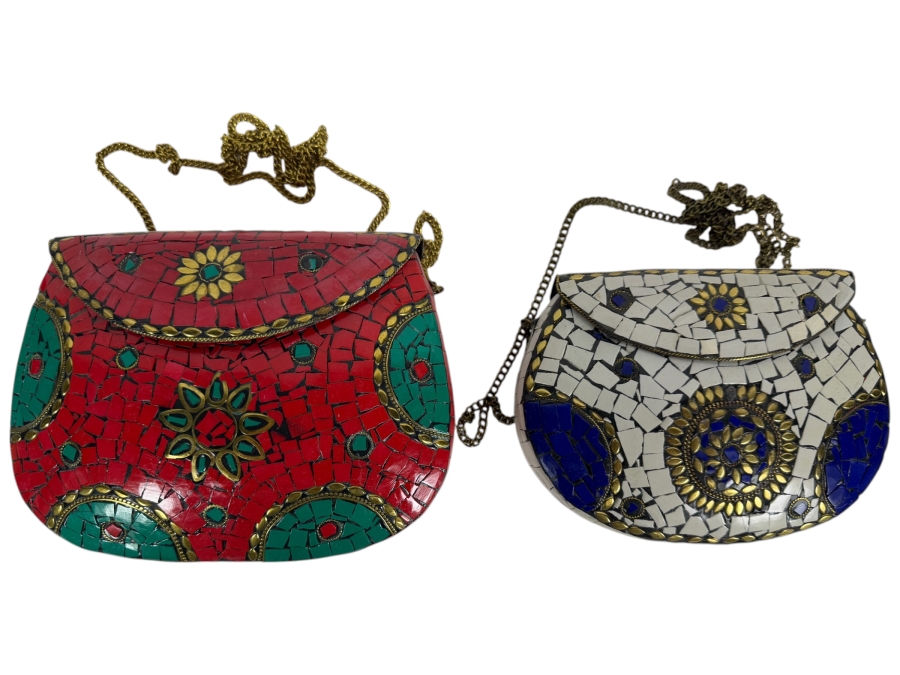 Handcrafted Indian Boho Metal Mosaic Hardcase Clutch Sling Handbags Featuring Inlaid Stones and Brass Filigree Floral Crests 8.25'W and 7.75'W