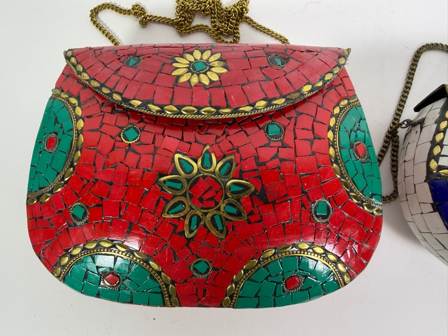 Handcrafted Indian Boho Metal Mosaic Hardcase Clutch Sling Handbags Featuring Inlaid Stones and Brass Filigree Floral Crests 8.25'W and 7.75'W [Photo 2]