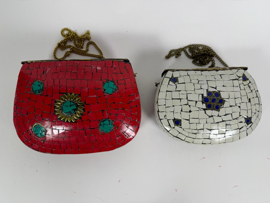 Handcrafted Indian Boho Metal Mosaic Hardcase Clutch Sling Handbags Featuring Inlaid Stones and Brass Filigree Floral Crests 8.25'W and 7.75'W [Photo 4]