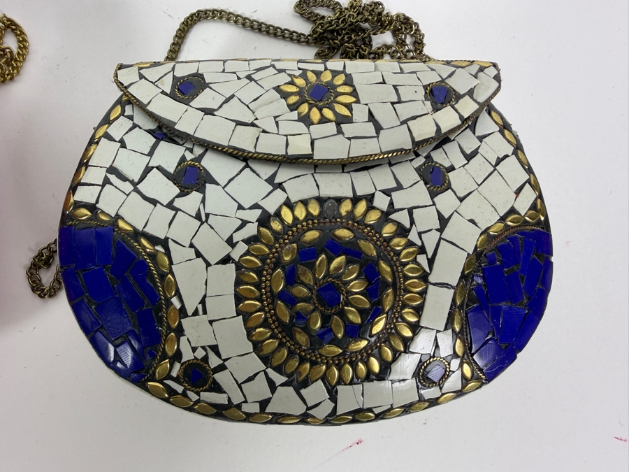 Handcrafted Indian Boho Metal Mosaic Hardcase Clutch Sling Handbags Featuring Inlaid Stones and Brass Filigree Floral Crests 8.25'W and 7.75'W [Photo 3]