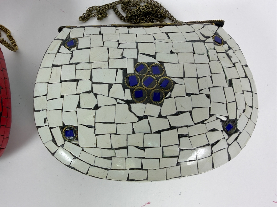 Handcrafted Indian Boho Metal Mosaic Hardcase Clutch Sling Handbags Featuring Inlaid Stones and Brass Filigree Floral Crests 8.25'W and 7.75'W [Photo 6]
