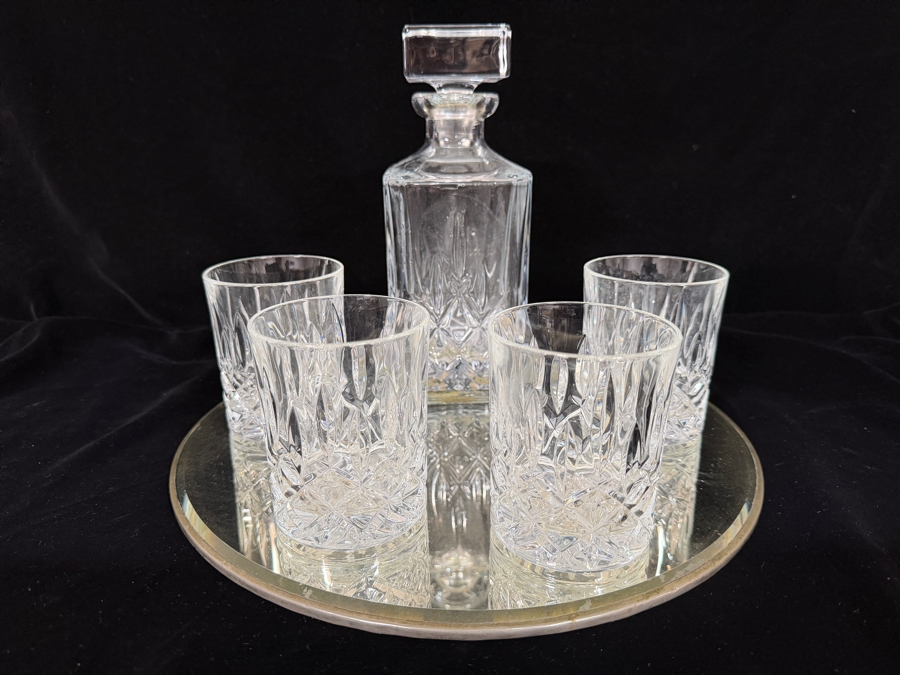 Royal Doulton 'Seasons Series' Crystal 5-Piece Square Spirit Decanter and Double Old-Fashioned Tumbler Set Made in Germany 3.5'H - 9'H [Photo 2]