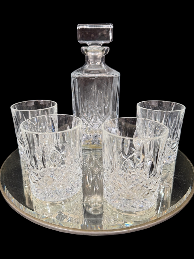 Royal Doulton 'Seasons Series' Crystal 5-Piece Square Spirit Decanter and Double Old-Fashioned Tumbler Set Made in Germany 3.5'H - 9'H
