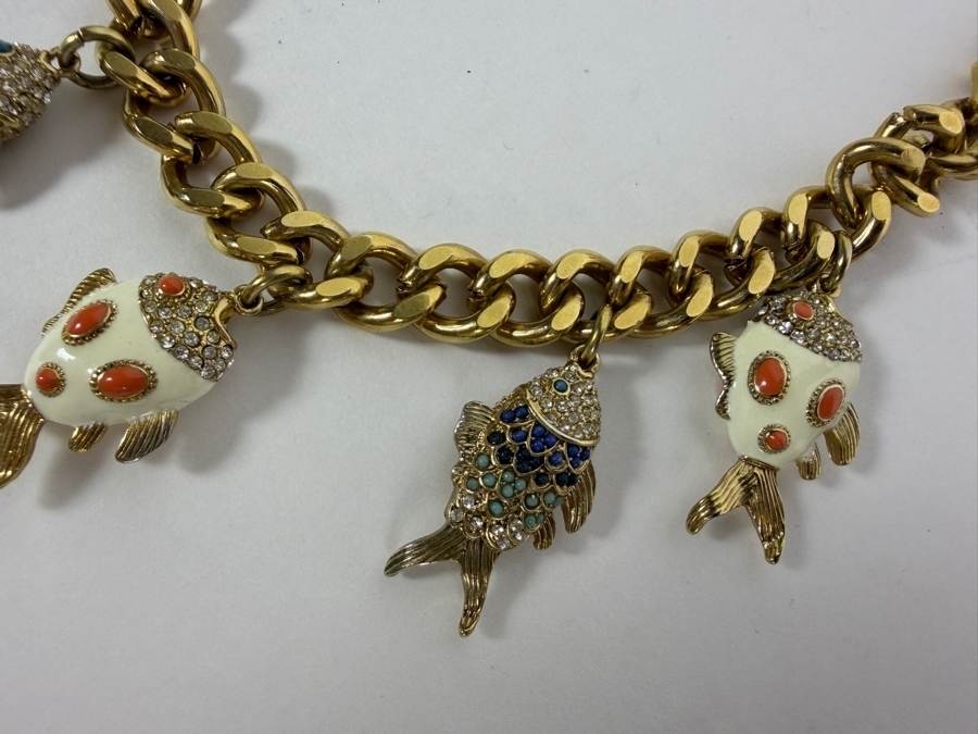 Ann Taylor Vintage 18' Whimsical Pave Crystal and Cabochon Koi Fish Charms Curb Chain Statement Necklace  [Photo 3]