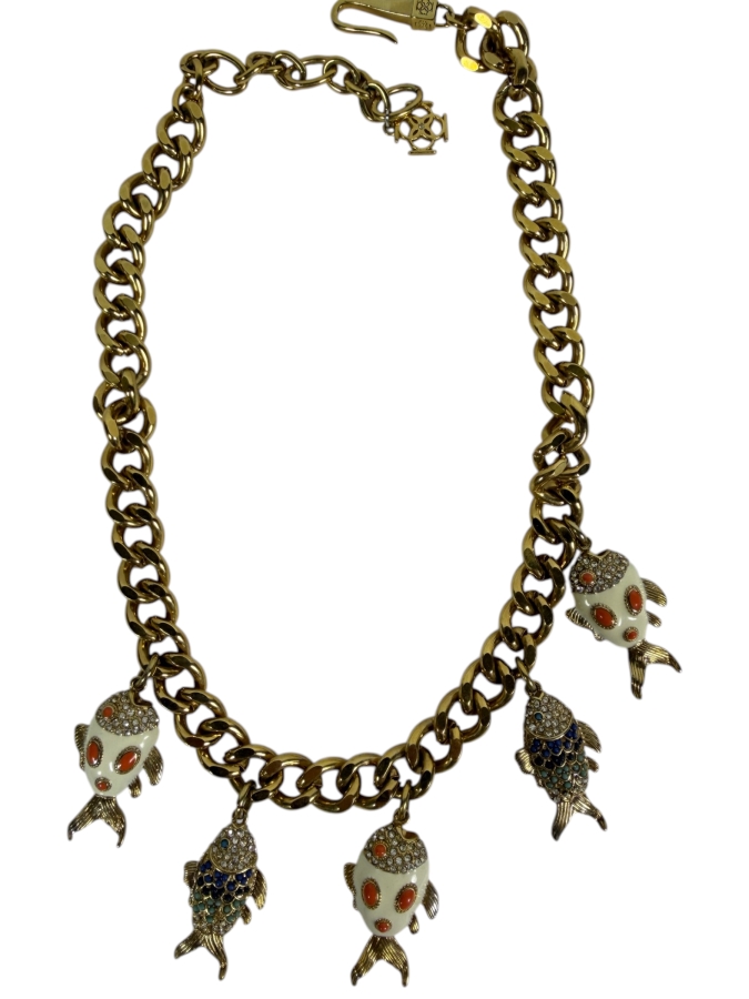 Ann Taylor Vintage 18' Whimsical Pave Crystal and Cabochon Koi Fish Charms Curb Chain Statement Necklace 