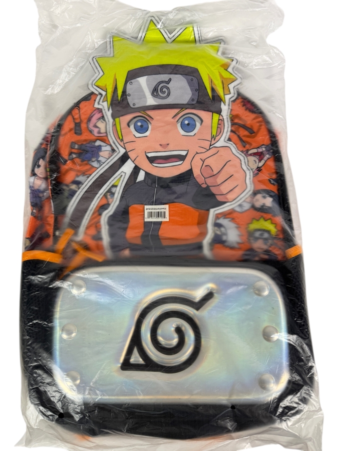 Official Bioworld Naruto Shippuden 16' Kids Anime Character Die-Cut 3D Applique Backpack with Metallic Holographic Hidden Leaf Headband Pocket
