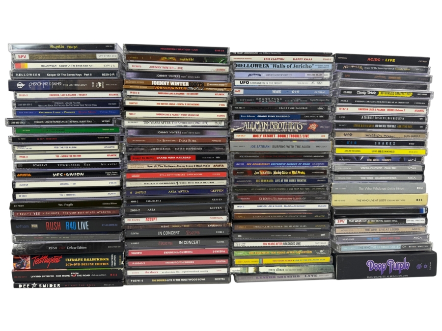 Lot Of 97 Classic Rock Hard Rock Blues And Heavy Metal Compact Discs CDs Featuring Deep Purple AC DC Rush Helloween Lynyrd Skynyrd And More