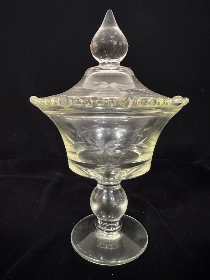 Vintage Paden City Glass Company 'Vermillion' Pattern #555 Clear Etched Footed Covered Candy Dish Compote 10'H