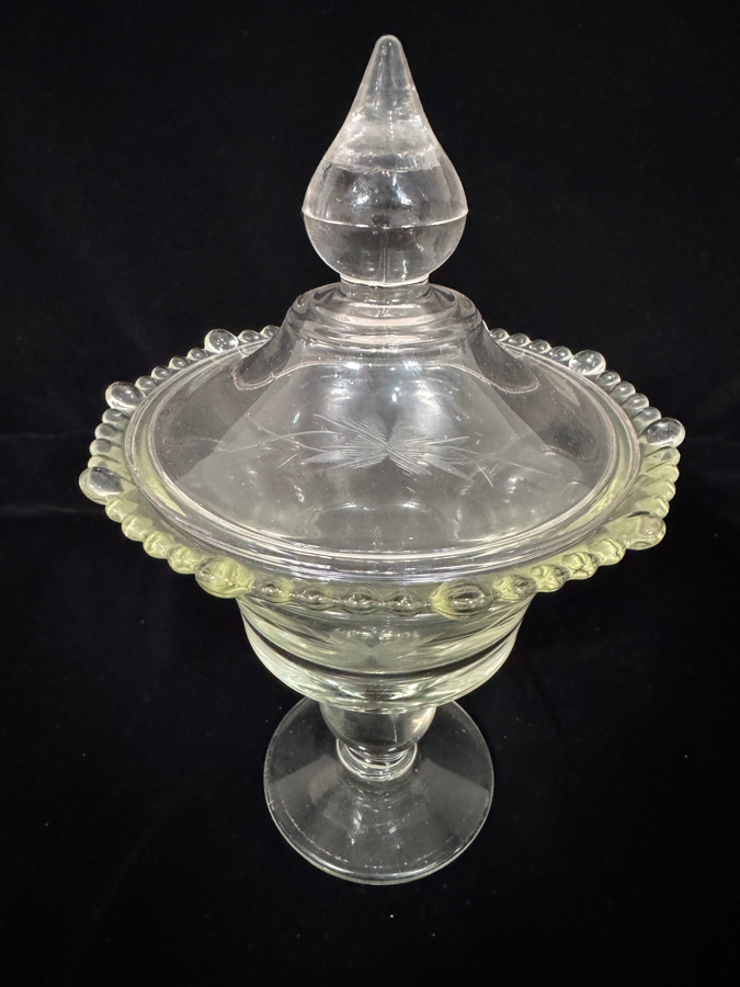 Vintage Paden City Glass Company 'Vermillion' Pattern #555 Clear Etched Footed Covered Candy Dish Compote 10'H [Photo 2]