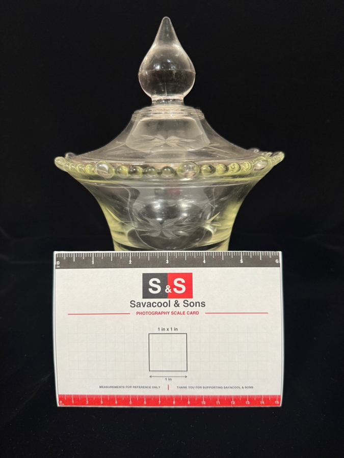 Vintage Paden City Glass Company 'Vermillion' Pattern #555 Clear Etched Footed Covered Candy Dish Compote 10'H [Photo 4]