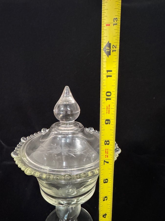 Vintage Paden City Glass Company 'Vermillion' Pattern #555 Clear Etched Footed Covered Candy Dish Compote 10'H [Photo 3]