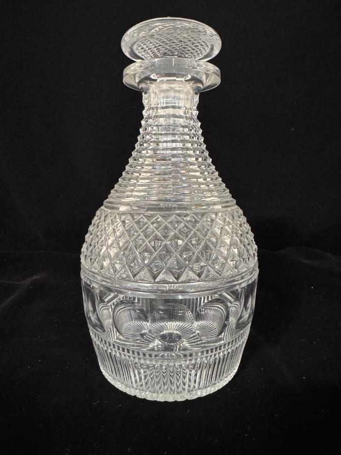 Antique Early 19th-Century Anglo-Irish Geometrical Hobnail Cut Lead Glass Decanter Featuring Applied Triple Ring Neck and Radial Star-Cut Mushroom Stopper 9'H [Photo 2]