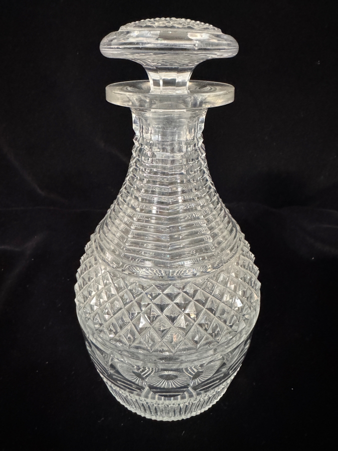 Antique Early 19th-Century Anglo-Irish Geometrical Hobnail Cut Lead Glass Decanter Featuring Applied Triple Ring Neck and Radial Star-Cut Mushroom Stopper 9'H