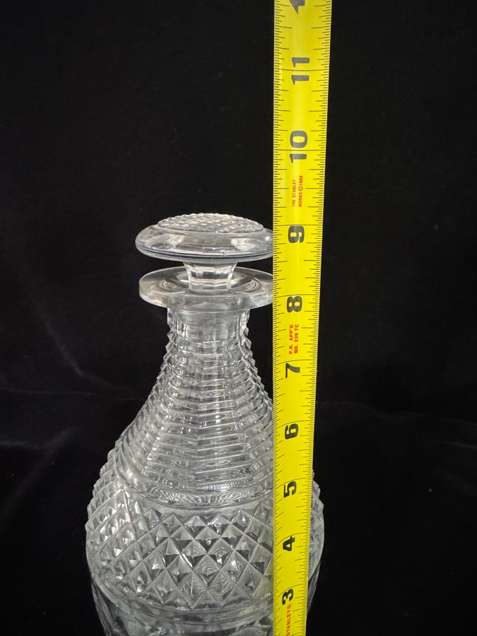 Antique Early 19th-Century Anglo-Irish Geometrical Hobnail Cut Lead Glass Decanter Featuring Applied Triple Ring Neck and Radial Star-Cut Mushroom Stopper 9'H [Photo 3]