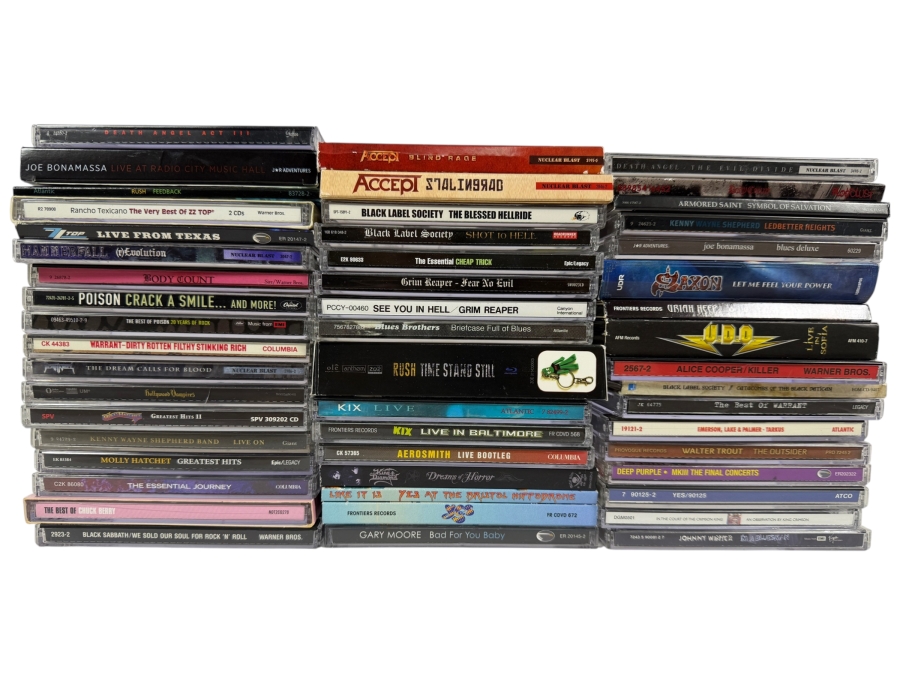 Lot Of 56 Classic Rock Hard Rock Heavy Metal And Thrash Compact Discs CDs Featuring Black Sabbath Accept Death Angel Alice Cooper And More