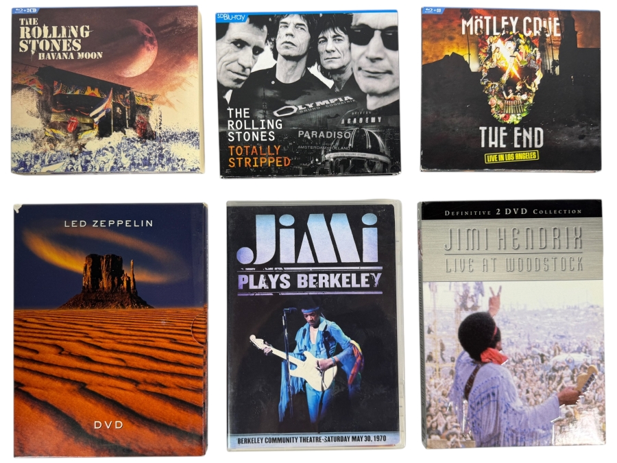 Lot Of 6 Classic Rock Heavy Metal And Blues Concert Box Sets DVDs And Blu-rays Featuring The Rolling Stones Jimi Hendrix Led Zeppelin And Mötley Crüe