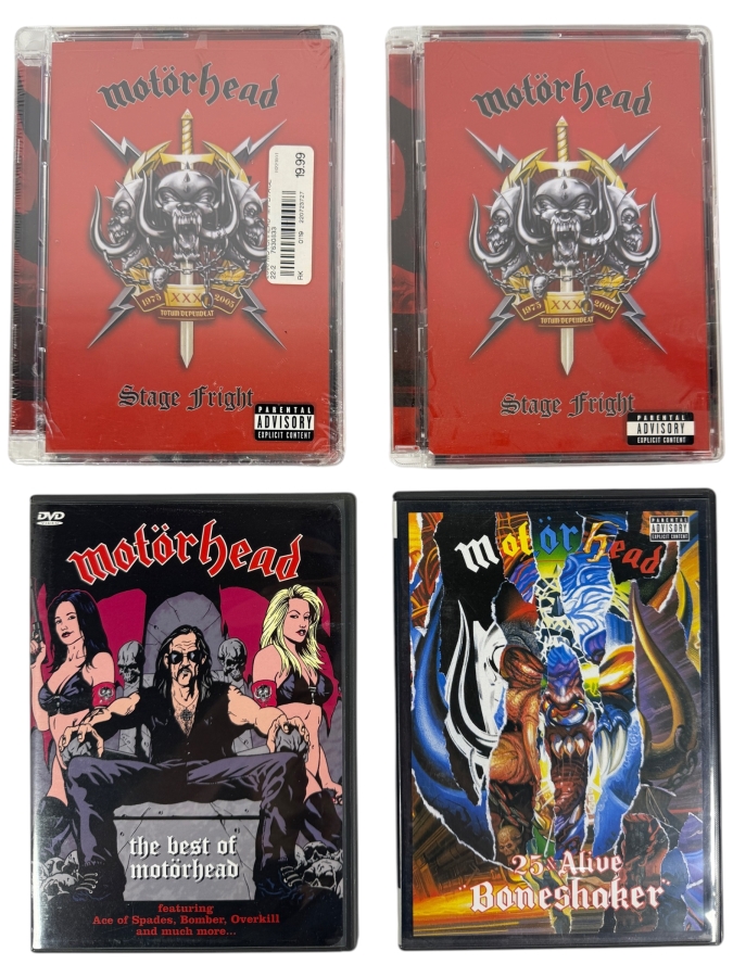 Lot Of 4 Motörhead Heavy Metal Concert Video DVDs Pack Featuring Two Rare Factory Sealed Stage Fright Releases And Famous Brixton Performance