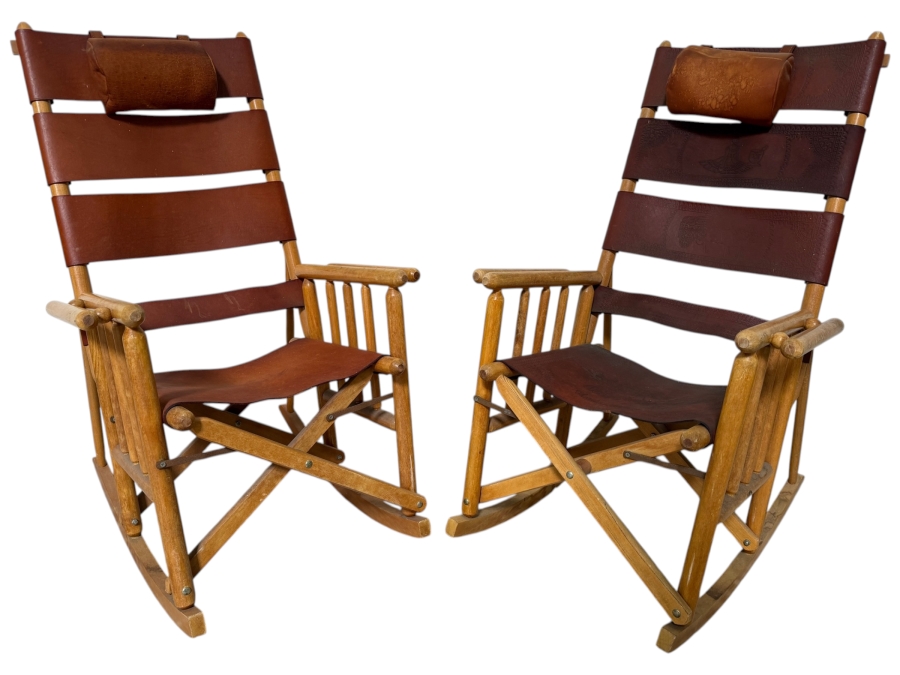 Vintage Costa Rican Wooden and Hand Tooled Leather Folding Rocking Chair, Seat with Toucan Motif