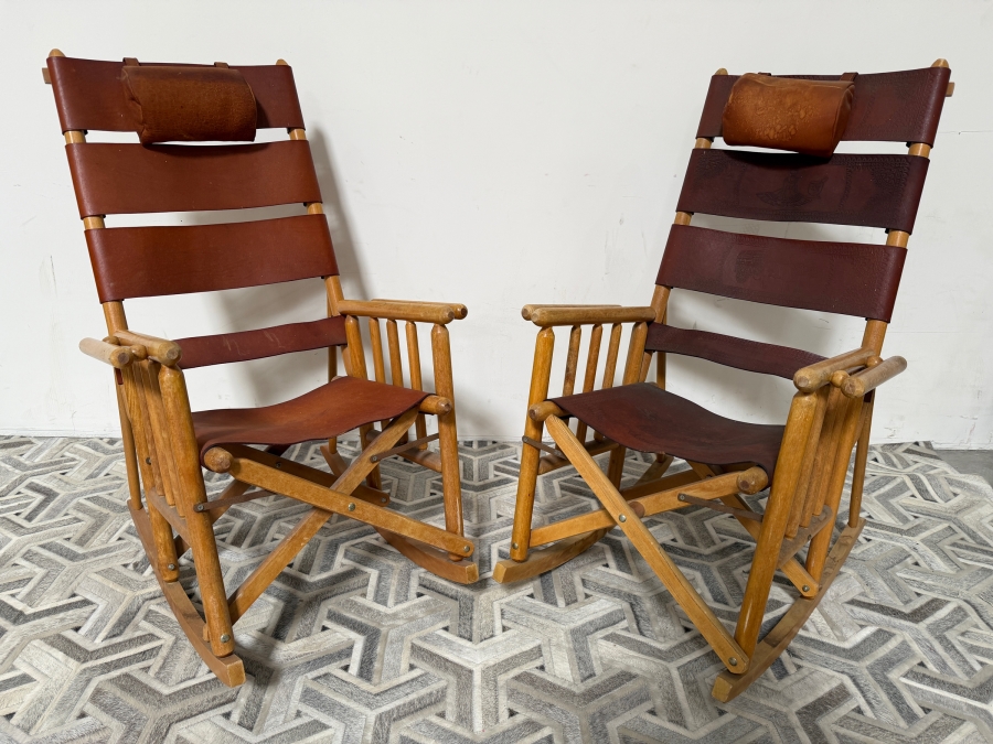 Vintage Costa Rican Wooden and Hand Tooled Leather Folding Rocking Chair, Seat with Toucan Motif [Photo 2]