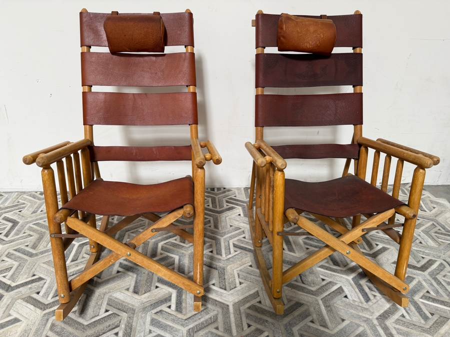 Vintage Costa Rican Wooden and Hand Tooled Leather Folding Rocking Chair, Seat with Toucan Motif [Photo 3]