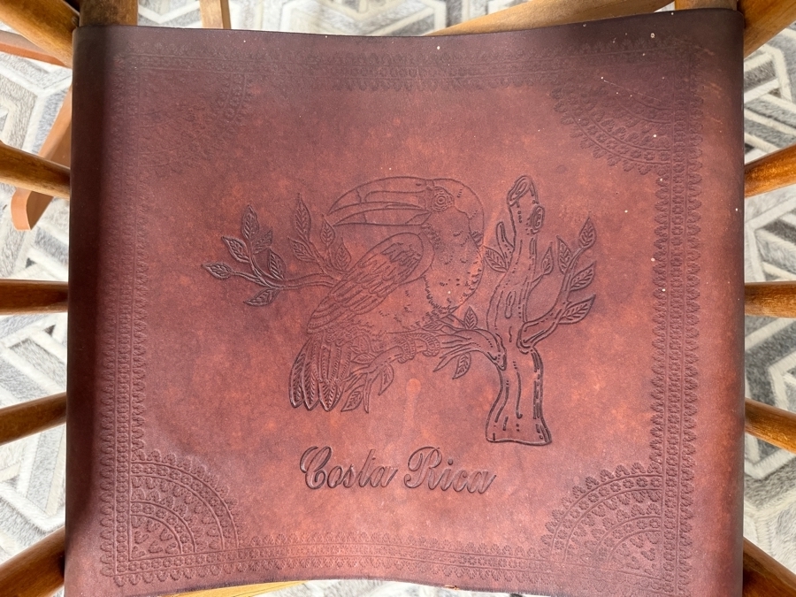 Vintage Costa Rican Wooden and Hand Tooled Leather Folding Rocking Chair, Seat with Toucan Motif [Photo 6]
