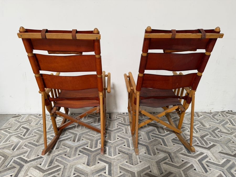 Vintage Costa Rican Wooden and Hand Tooled Leather Folding Rocking Chair, Seat with Toucan Motif [Photo 5]