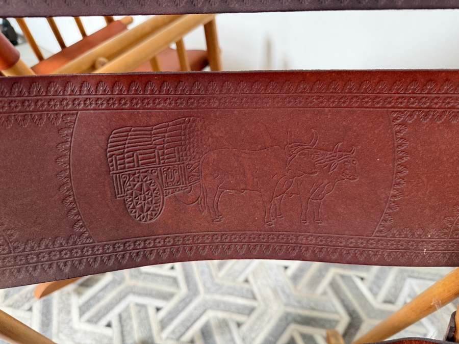 Vintage Costa Rican Wooden and Hand Tooled Leather Folding Rocking Chair, Seat with Toucan Motif [Photo 11]