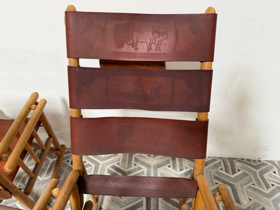 Vintage Costa Rican Wooden and Hand Tooled Leather Folding Rocking Chair, Seat with Toucan Motif [Photo 8]