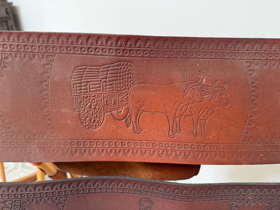 Vintage Costa Rican Wooden and Hand Tooled Leather Folding Rocking Chair, Seat with Toucan Motif [Photo 9]