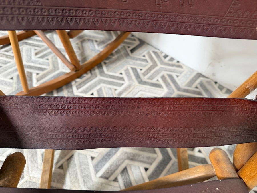 Vintage Costa Rican Wooden and Hand Tooled Leather Folding Rocking Chair, Seat with Toucan Motif [Photo 12]