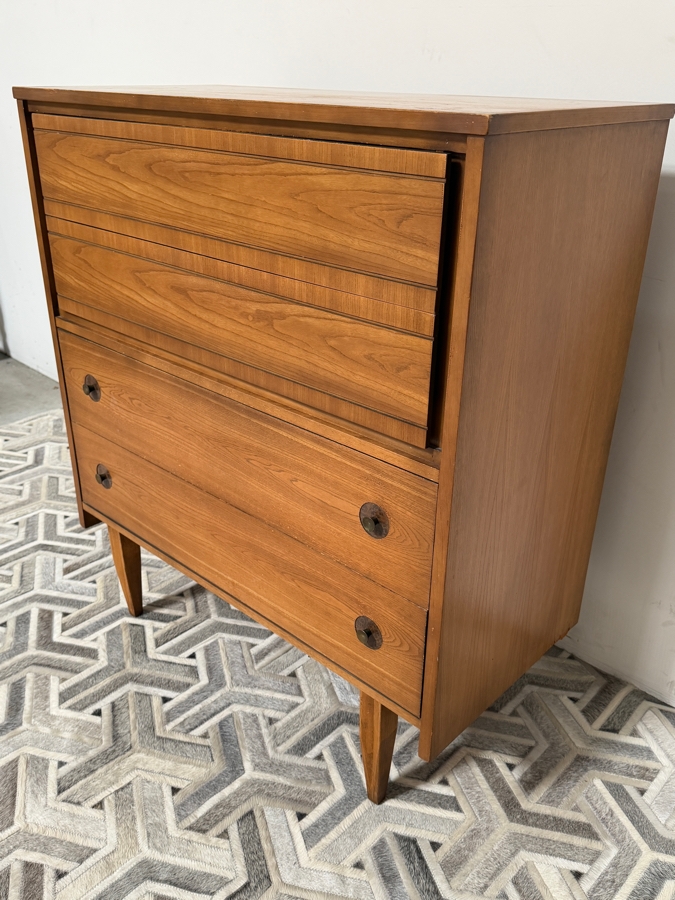 Mainline By Hooker Mid Century Walnut And Brass Four Drawer Highboy Dresser 38'W X 18'D X 42'H [Photo 4]