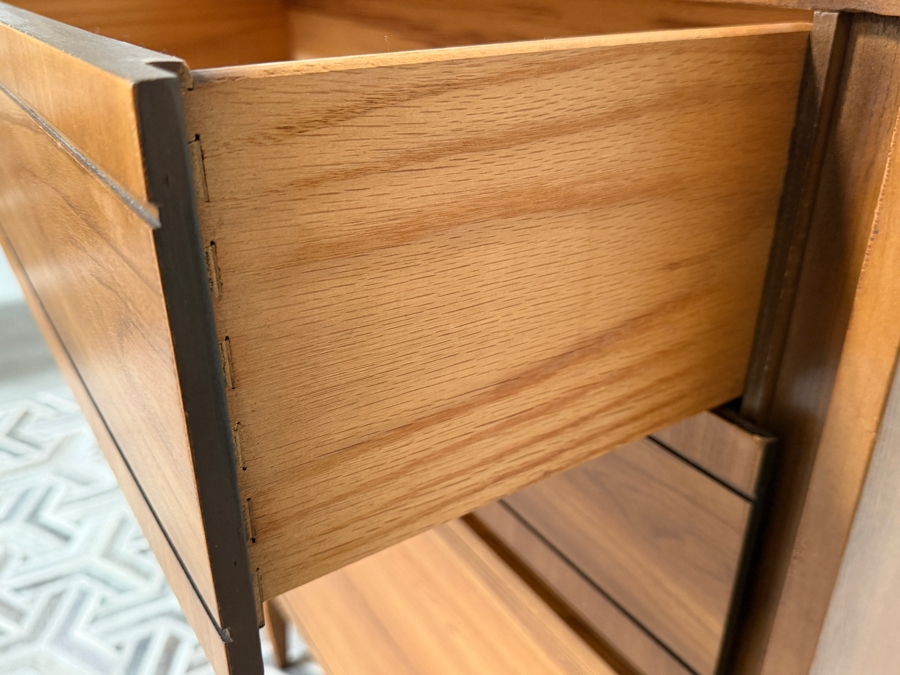 Mainline By Hooker Mid Century Walnut And Brass Four Drawer Highboy Dresser 38'W X 18'D X 42'H [Photo 8]