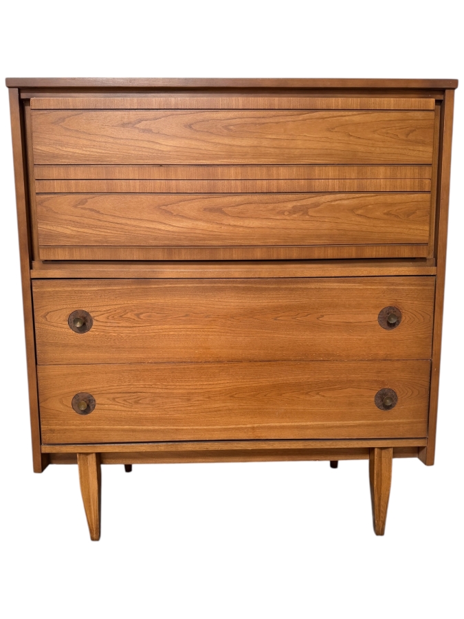 Mainline By Hooker Mid Century Walnut And Brass Four Drawer Highboy Dresser 38'W X 18'D X 42'H
