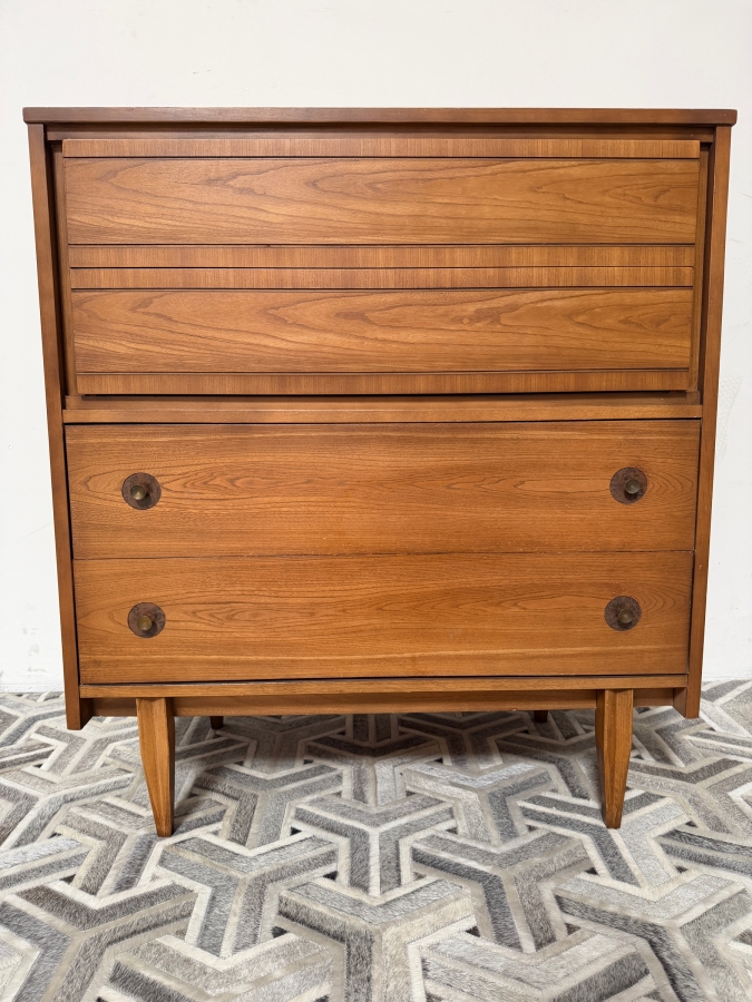 Mainline By Hooker Mid Century Walnut And Brass Four Drawer Highboy Dresser 38'W X 18'D X 42'H [Photo 2]