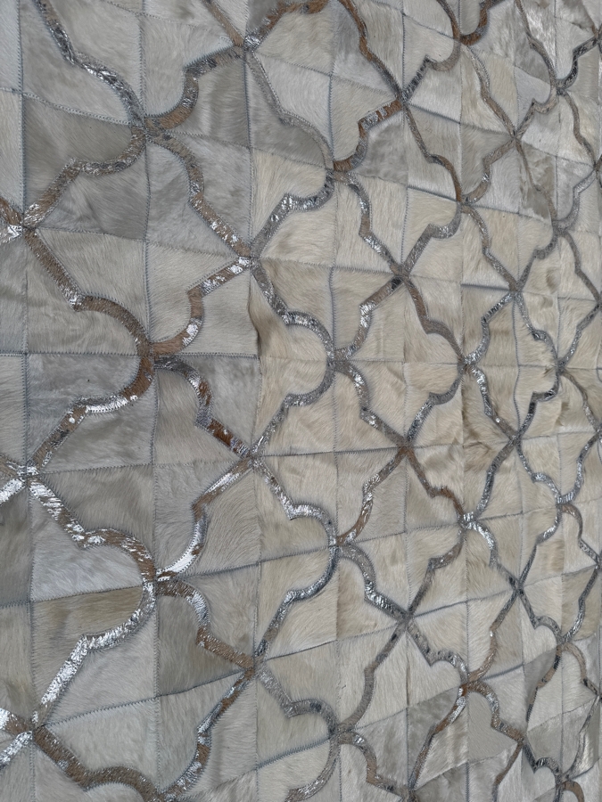 Authentic Cowhide Luxury Patchwork Area Rug Geometric Trellis Metallic Silver And Off White 61'W X 93'L [Photo 4]
