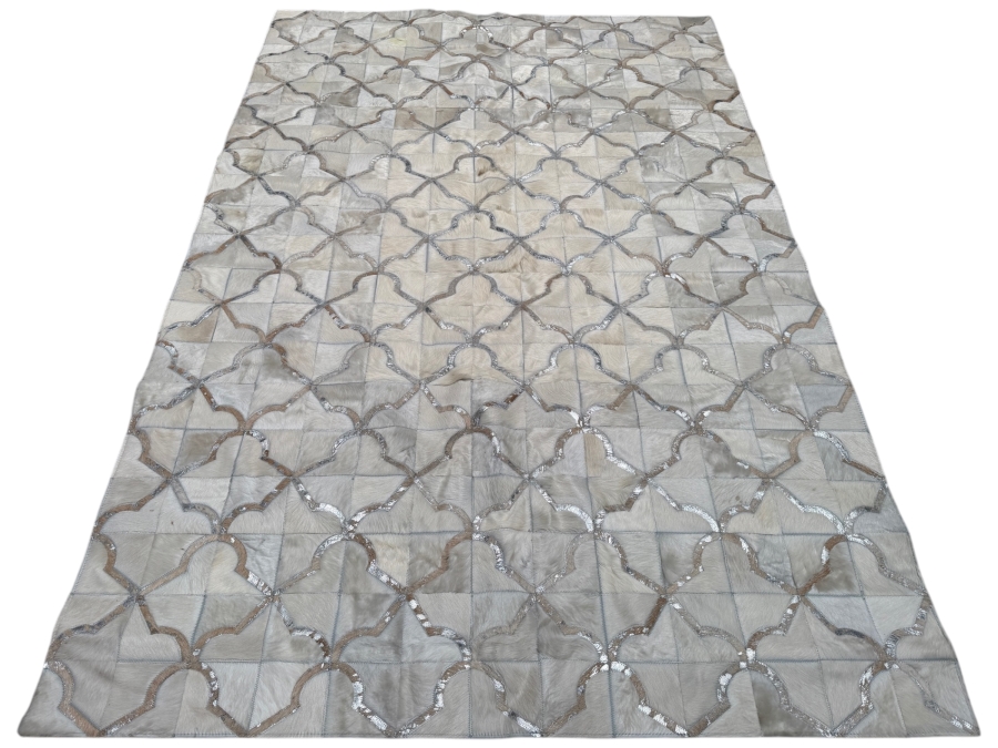 Authentic Cowhide Luxury Patchwork Area Rug Geometric Trellis Metallic Silver And Off White 61'W X 93'L